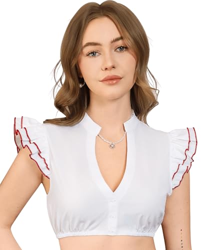 Funspread Dirndl Bluse Damen Weiß - Dirndlbluse Kurzarm DirndlBlusen V Ausschnitt Trachtenbluse Rot 36 von Funspread
