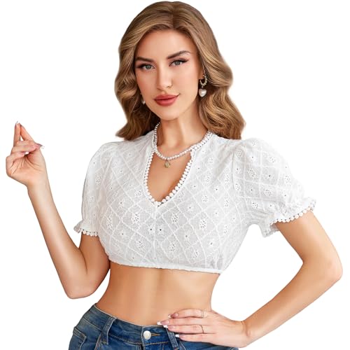 Funspread Dirndl Bluse Damen Weiß - Dirndlbluse V Ausschnitt Dirndlblusen Kurzarm Trachtenbluse für Oktoberfest 38 von Funspread