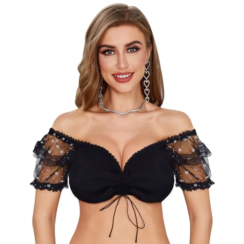 Funspread Dirndl Bluse Damen mit Spitze Dirndlbluse Schwarz - Elegante Dirndlblusen für Oktoberfest Trachtenblusen 36 von Funspread