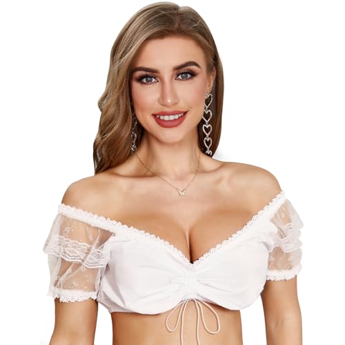 Funspread Dirndl Bluse Damen mit Spitze Dirndlbluse Weiß - Elegante Dirndlblusen für Oktoberfest Trachtenblusen 36 von Funspread