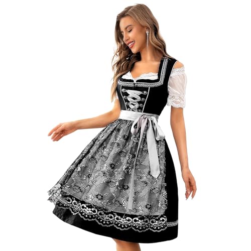 Funspread Dirndl Damen Midi Schwarz - Dirndlkleid mit Spitzenschürze Trachtenmode Kleid für Oktoberfest 34 von Funspread