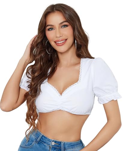 Funspread Dirndl Bluse Damen Weiß - Dirndlbluse Kurzarm Trachtenblusen Dirndlblusen für Oktoberfest 36 von Funspread