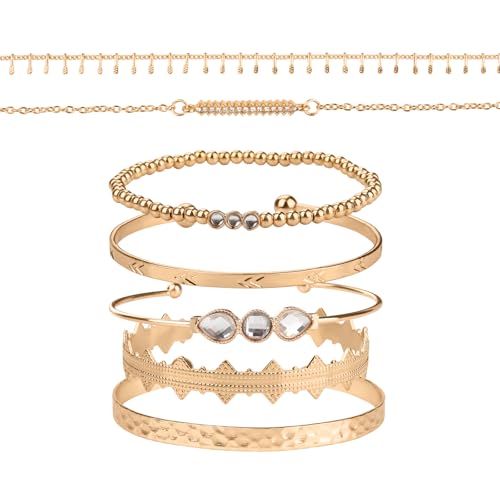 Funtery 7 Stück Armband Gold, Armband Damen Gold Ketten Armbander für Damen Stapelarmbänder böhmischen Kristallarmbändern mit goldenen Quastenarmbändern Gold Armbander Armbander Set für Damen Mädchen von Funtery