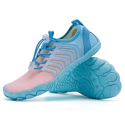 Funthy Barfußschuhe Kinder Barfussschuhe Wasserschuhe Junge Mädchen Badeschuhe Barfuß Schuhe Aquaschuhe Schwimmschuhe Strandschuhe rutschfeste Schnell Trocknend-Rosa-Blau||36 von Funthy