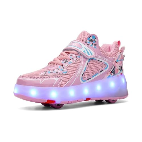 Jungen Mädchen Rollschuhe Schuhe Mit 4 Rollen Skateboardschuhe, Verstellbar Jugend Schuhe mit Rollen und LED Licht, Multifunktionale Sportschuhe Outdoorschuhe für Kinder Erwachsene…-Rosa||31 von Funthy