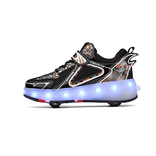 Jungen Mädchen Rollschuhe Schuhe Mit 4 Rollen Skateboardschuhe, Verstellbar Jugend Schuhe mit Rollen und LED Licht, Multifunktionale Sportschuhe Outdoorschuhe für Kinder Erwachsene…-Schwarz||31 von Funthy