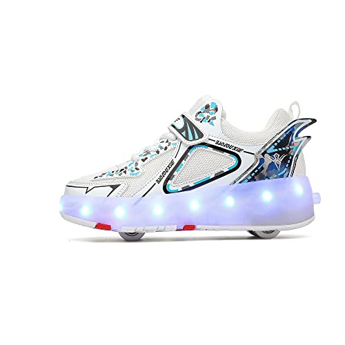 Jungen Mädchen Rollschuhe Schuhe Mit 4 Rollen Skateboardschuhe, Verstellbar Jugend Schuhe mit Rollen und LED Licht, Multifunktionale Sportschuhe Outdoorschuhe für Kinder Erwachsene…-Weiß||30 von Funthy