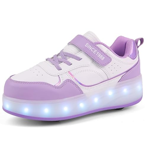 Rollschuhe Schuhe Jungen Mädchen Skateboardschuhe Mit Rollen, Verstellbar Jugend Schuhe mit Rollen und LED Licht, Multifunktionale Sportschuhe Outdoorschuhe für Kinder Erwachsene-Lila-Zwei Räder||35 von Funthy