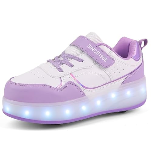 Rollschuhe Schuhe Jungen Mädchen Skateboardschuhe Mit Rollen, Verstellbar Jugend Schuhe mit Rollen und LED Licht, Multifunktionale Sportschuhe Outdoorschuhe für Kinder Erwachsene-Lila-Zwei Räder||36 von Funthy