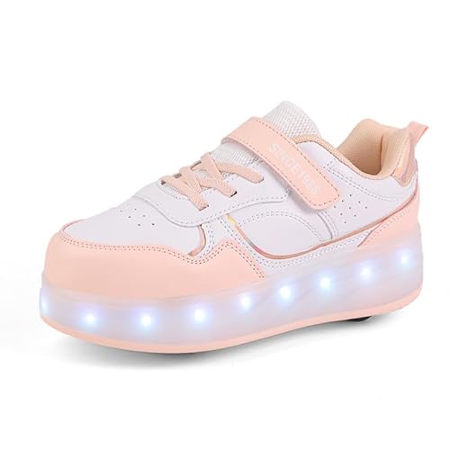 Rollschuhe Schuhe Jungen Mädchen Skateboardschuhe Mit Rollen, Verstellbar Jugend Schuhe mit Rollen und LED Licht, Multifunktionale Sportschuhe Outdoorschuhe für Kinder Erwachsene-Rosa-Vier Räder||37 von Funthy