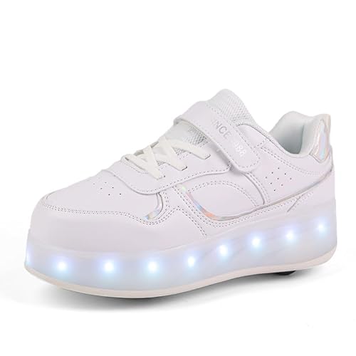 Rollschuhe Schuhe Jungen Mädchen Skateboardschuhe Mit Rollen, Verstellbar Jugend Schuhe mit Rollen und LED Licht, Multifunktionale Sportschuhe Outdoorschuhe für Kinder Erwachsene-Weiß-Vier Räder||30 von Funthy