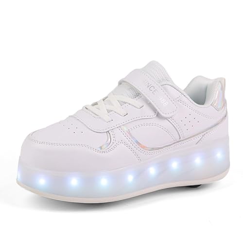 Rollschuhe Schuhe Jungen Mädchen Skateboardschuhe Mit Rollen, Verstellbar Jugend Schuhe mit Rollen und LED Licht, Multifunktionale Sportschuhe Outdoorschuhe für Kinder Erwachsene-Weiß-Vier Räder||32 von Funthy