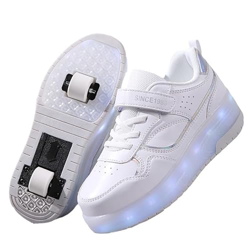 Rollschuhe Schuhe Jungen Mädchen Skateboardschuhe Mit Rollen, Verstellbar Jugend Schuhe mit Rollen und LED Licht, Multifunktionale Sportschuhe Outdoorschuhe für Kinder Erwachsene-Weiß-Zwei Räder||33 von Funthy