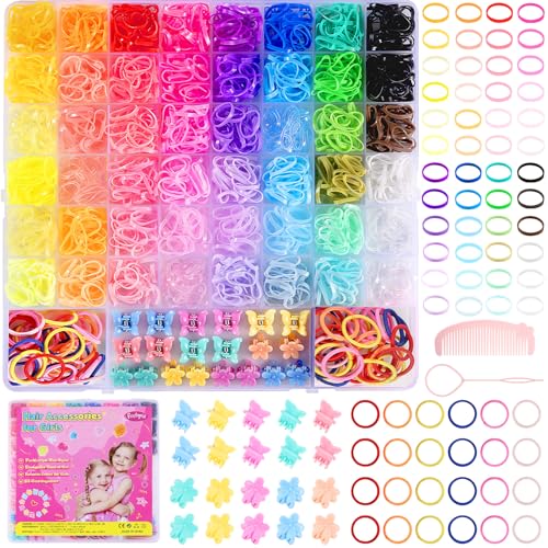 Funtopia 2100 Stück Haargummis Mädchen, 46 Farben Mini Klein Haargummis Baby Haargummi, Bunt Haargummi mit Klein Haarklammer Haarspangen für Kinder von Funtopia