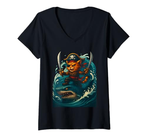 Damen Niedliche Katze reitet Hai Lustige Piraten Crew Great Wave Halloween T-Shirt mit V-Ausschnitt Damen Niedliche Katze reitet Hai Lustige Piraten Crew Great Wave Halloween T-Shirt mit V-Ausschnitt von Funy Pirate Adventure Birthday Party Costume Kids