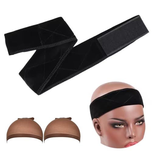 Funyn Perückengriff-Stirnband, elastisches Schal, Stirnband, verstellbares Perückengriffband mit Netzkappen, um Perücken an Ort und Stelle zu halten (schwarz, 54,9 cm) von Funyn