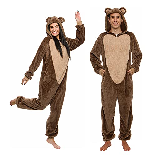 FUNZIEZ! Damen Einteiler – schmal Sherpa-Bär-Kostüm – Teddybär Tier Schlafanzug, braun, X-Large von Funziez!