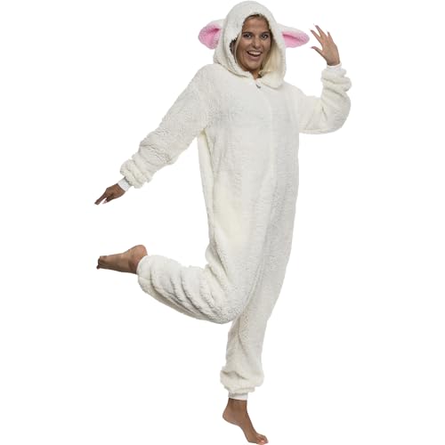 Funziez! Einteiliger Sherpa Lamb Tier Schlafanzug - Plüsch Unisex Cosplay Schaf Kostüm für Erwachsene - Weiß - Small von Funziez!