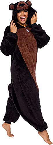 Funziez! Sherpa Bear Erwachsene Onesie Tier Halloween Kostüm Plüsch Teddy Einteiler Cosplay Anzug für Erwachsene Frauen Männer, Black Bear, XL von Funziez!