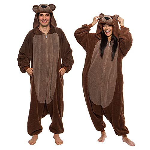 Funziez! Sherpa Bear Erwachsene Onesie Tier Halloween Kostüm Plüsch Teddy Einteiler Cosplay Anzug für Erwachsene Frauen Männer, Brown Bear, M von Funziez!