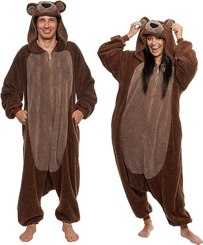 Funziez! Sherpa Bear Erwachsene Onesie Tier Halloween Kostüm Plüsch Teddy Einteiler Cosplay Anzug für Erwachsene Frauen Männer, Brown Bear, XL von Funziez!