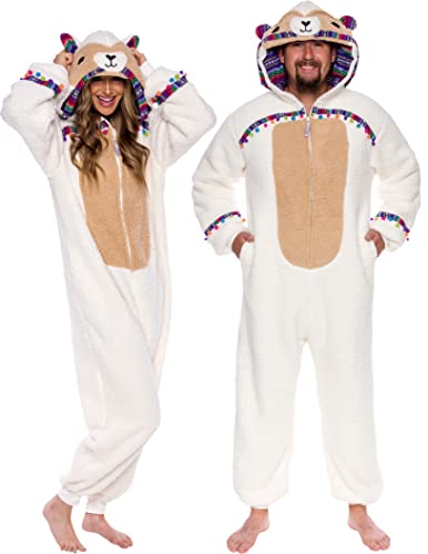 Funziez! Slim Fit Sherpa Erwachsene Onesie Tier Halloween Kostüm Plüsch Einteiler Cosplay Anzug für Damen und Herren, Llama, L von Funziez!