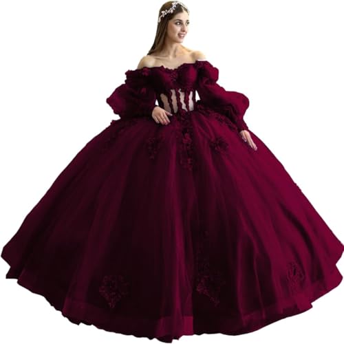 Fuomomo 3D-Blumen Quinceanera-Kleid Puffärmel Quinceanera-Kleider herzförmiger Ausschnitt Tüll Ballkleid Quinceanera-Kleider MT046 von Fuomomo