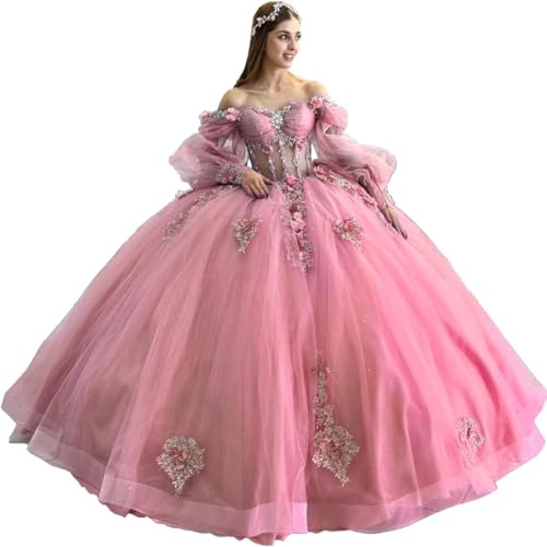 Fuomomo 3D-Blumen Quinceanera-Kleid Puffärmel Quinceanera-Kleider herzförmiger Ausschnitt Tüll Ballkleid Quinceanera-Kleider MT046 von Fuomomo