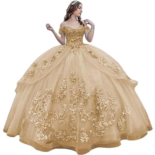 Fuomomo 3D-Spitzenapplikationen funkelndes Flauschiges Tüll-Ballkleid Quinceanera-Kleider 15 Jahre Prinzessin Schulterfreies Quinceanera-Kleid mit Spitze MT022 von Fuomomo