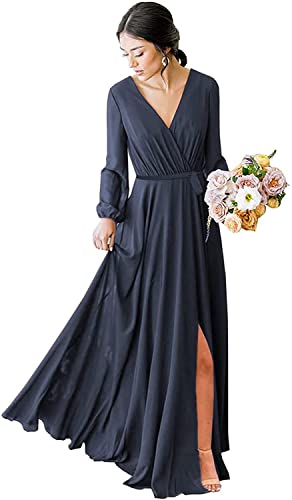 Fuomomo Damen Brautjungfernkleid aus Chiffon A-Linie V-Ausschnitt Lange Ärmel Chiffon Hohe Taille Formelle Kleidung Fuomomo Damen Brautjungfernkleid aus Chiffon A-Linie V-Ausschnitt Lange Ärmel Chiffon Hohe Taille Formelle Kleidung von Fuomomo