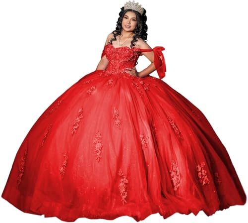 Fuomomo Damen Quinceanera-Kleid aus Spitze schulterfrei Prinzessinnen-Ballkleid mit Schleppe Ballkleid mit ausgestelltem Rücken MT051 von Fuomomo