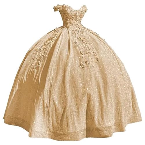 Fuomomo Damen Quinceanera-Kleider mit 3D-Blumenmuster lang Tüll schulterfrei langes Partykleid MT029 von Fuomomo