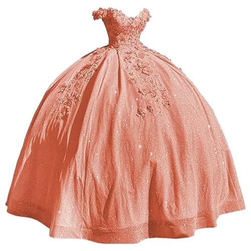 Fuomomo Damen Quinceanera-Kleider mit 3D-Blumenmuster lang Tüll schulterfrei langes Partykleid MT029 von Fuomomo