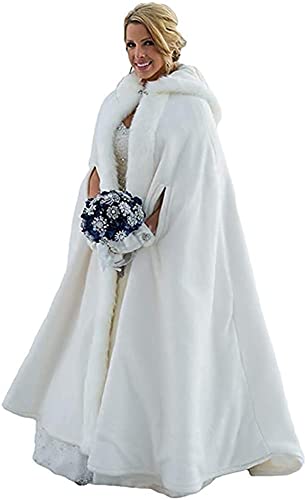 Fuomomo Damen Winter Hochzeit Umhang Mit Kapuze Cape Mit Pelzbesatz in Voller Länge Braut Schal Brautschal Brautjacke Cape von Fuomomo