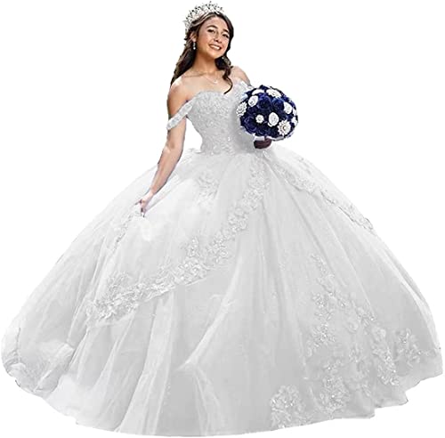 Fuomomo Elegante Spaghettiträger Tüll Quinceanera Kleider Ballkleid Geschwollenes langes Abendkleid mit Spitzenapplikationen für Frauen von Fuomomo