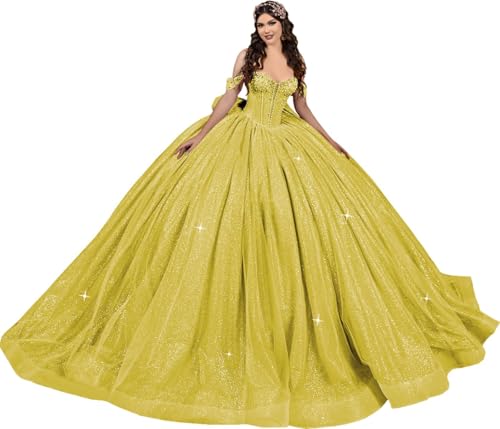 Fuomomo Glitzer Quinceanera Kleider mit Schleife Puffy Perlen Off Shoulder Sweet 16 Kleider Elegantes Ballkleid MT056 von Fuomomo