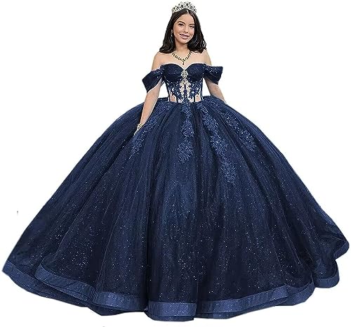 Fuomomo Glitzernde perlenbesetzte Sweet 15 16 Kleider Schulterfreie Quinceanera-Kleider aus Spitze Ballkleid aus bauschigem Tüll mit Schleppe von Fuomomo