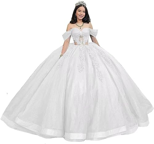 Fuomomo Glitzernde perlenbesetzte Sweet 15 16 Kleider Schulterfreie Quinceanera-Kleider aus Spitze Ballkleid aus bauschigem Tüll mit Schleppe von Fuomomo