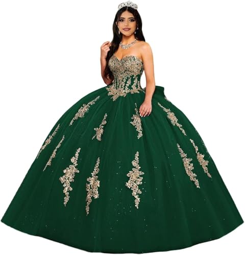 Fuomomo Goldfarbene Spitzenapplikationen, herzförmiger Quinceanera-Kleider bauschige Quinceanera-Kleider trägerloses Ballkleid mit Schleife MT035 von Fuomomo