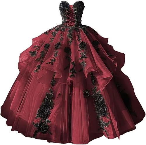 Fuomomo Gothic Quinceanera-Kleider mit Tüll und schwarzer Blumenspitze Bohemian Off The Shoulder Brautkleider für Quinceaneras und Quinceaneras MT048 von Fuomomo