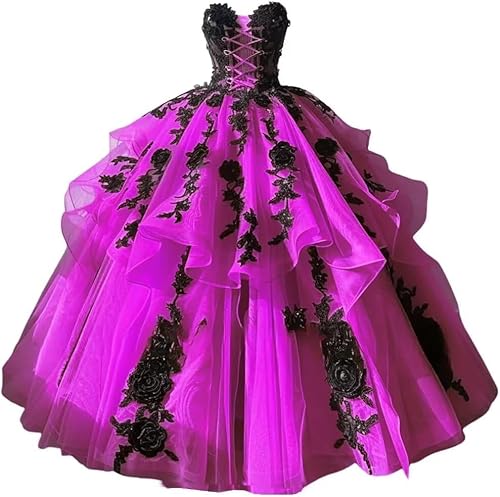 Fuomomo Gothic Quinceanera-Kleider mit Tüll und schwarzer Blumenspitze Bohemian Off The Shoulder Brautkleider für Quinceaneras und Quinceaneras MT048 von Fuomomo