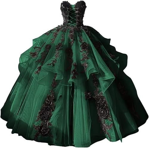 Fuomomo Gothic Quinceanera-Kleider mit Tüll und schwarzer Blumenspitze Bohemian Off The Shoulder Brautkleider für Quinceaneras und Quinceaneras MT048 von Fuomomo