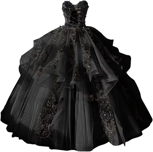 Fuomomo Gothic Quinceanera-Kleider mit Tüll und schwarzer Blumenspitze Bohemian Off The Shoulder Brautkleider für Quinceaneras und Quinceaneras MT048 von Fuomomo