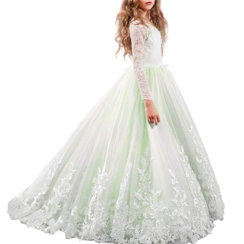 Fuomomo Langärmliges Spitzenapplikationskleid für Blumenmädchen Prinzessin Erstkommunion Taufe formelle Anlässe Bodenlanges Festkleid Brautjungfer Taufe Geburtstag Weihnachtsfeier Ballkleid MT029 von Fuomomo
