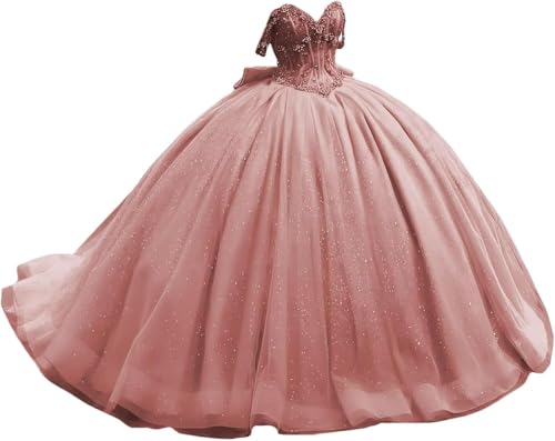 Fuomomo Perlen Off Schulter Quinceanera Kleider mit Schleife Sweet 16 Kleid Quinceanera Formale Lange Ballkleider MT034 von Fuomomo