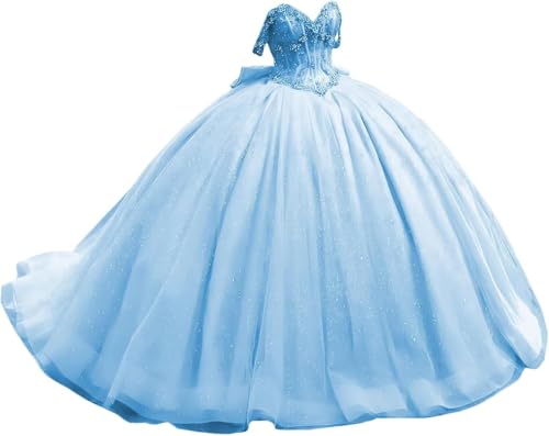 Fuomomo Perlen Off Schulter Quinceanera Kleider mit Schleife Sweet 16 Kleid Quinceanera Formale Lange Ballkleider MT034 von Fuomomo