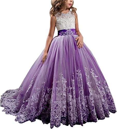 Fuomomo Prinzessin Kleid aus Spitze Lange Kleider für Mädchen Ballkleid für Kinder Ballkleid aus Puffy Tüll 2-14 Jahr, Plum, 03 von Fuomomo