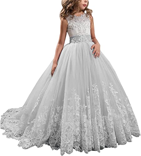 Fuomomo Prinzessin Kleid aus Spitze Lange Kleider für Mädchen Ballkleid für Kinder Ballkleid aus Puffy Tüll 2-14 Jahr, Silver, 04 von Fuomomo