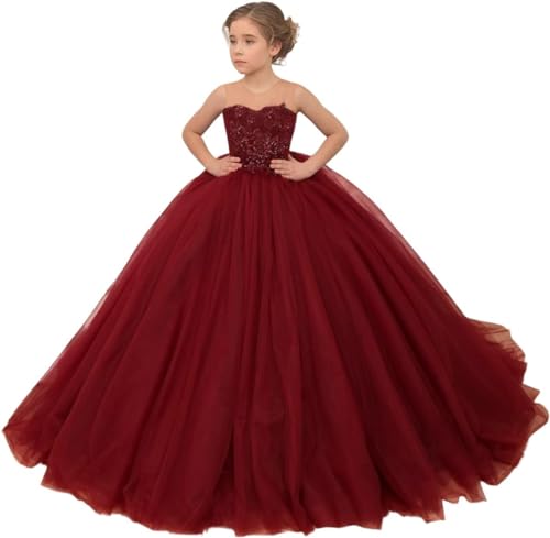 Fuomomo Prinzessinnen-Festzugkleid für Mädchen Ballkleid Perlenapplikation Tüll Blumenmädchenkleider für Party von Fuomomo