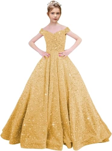 Fuomomo Prinzessinnen Festzugkleid für Mädchen Glitzernde Pailletten Blumenmädchenkleider Schulterfreies Ballkleid Partykleid für Kinder von Fuomomo